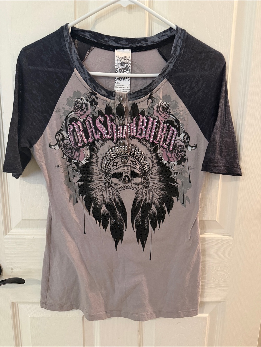 Graphic Raglan Tee with Feathered Headdress and Pink Accents